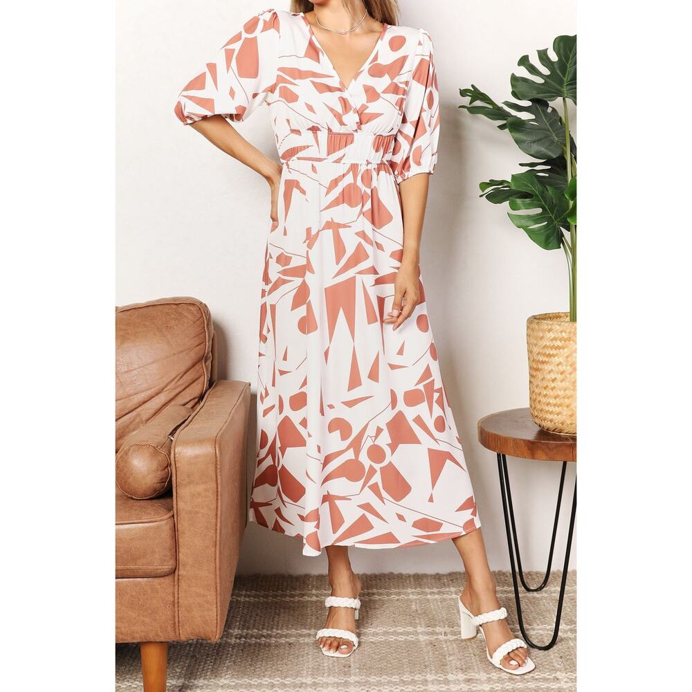 Tan and White Geometric Printed Surplice Balloon Sleeve Dress Small NEW